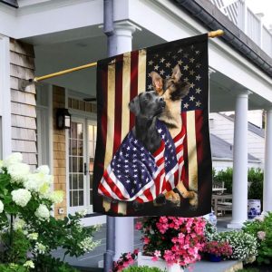 Black Labrador Retriever And German Shepherd American Patriot Garden House Flag